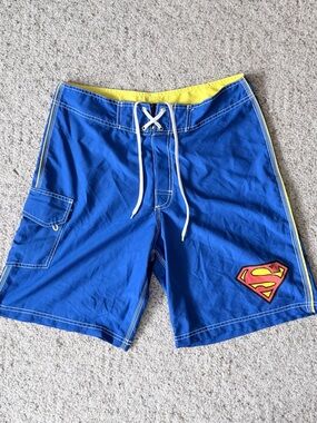 DC Comics | Men’s Superman Blue Board-Shorts with Yellow Trim | Size 32